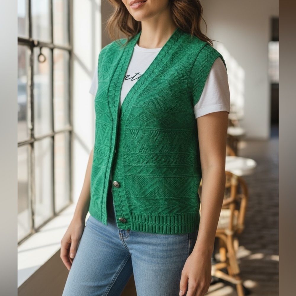 Vintage Forest Green Cableknit Sweater Vest Waistcoat Button Front S/M Fisherman